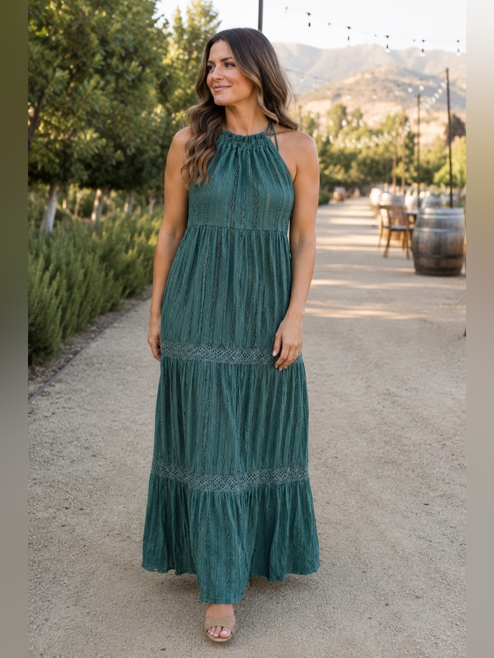 NEW Boho Emerald Green Tiered Lace Halter Maxi Dress L/XL